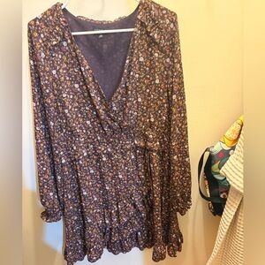 Current Air Brown/Purple Floral V-Neck Long Sleeve Dress